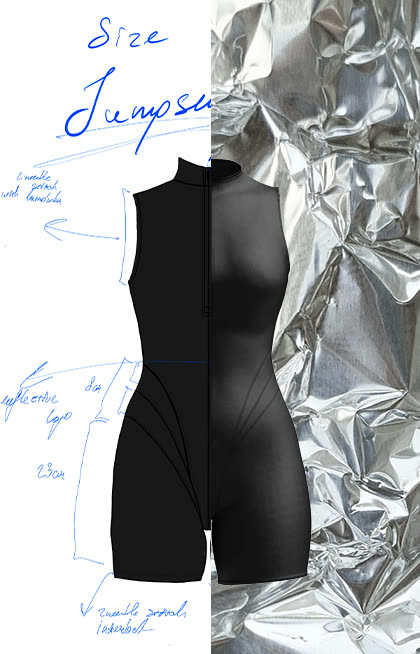 Bodysuit sketch on foil, product visual